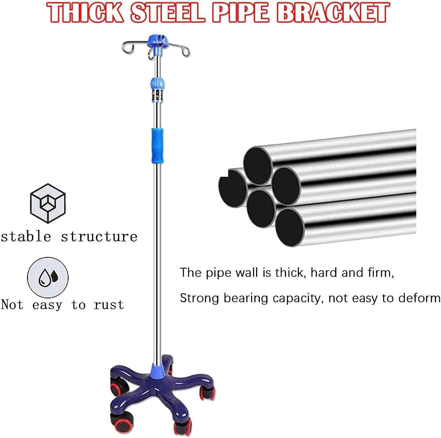 Adjustable IV Pole Stand 43-75 Inches - Portable Medical Infusion Stand with Wheels for Hospital, Clinic & Home Use | Ideal for IV Therapy, Hydration & Medication Administration