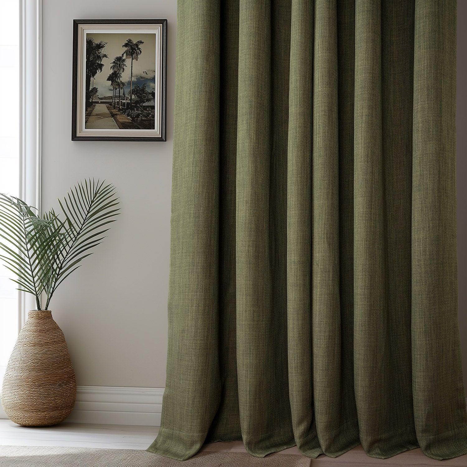 Khaki Green Grommet Textured Faux Linen Blackout Curtains for Bedroom & Living Room - Thermal Insulated Window Drapes for Home Decor and Light Blocking