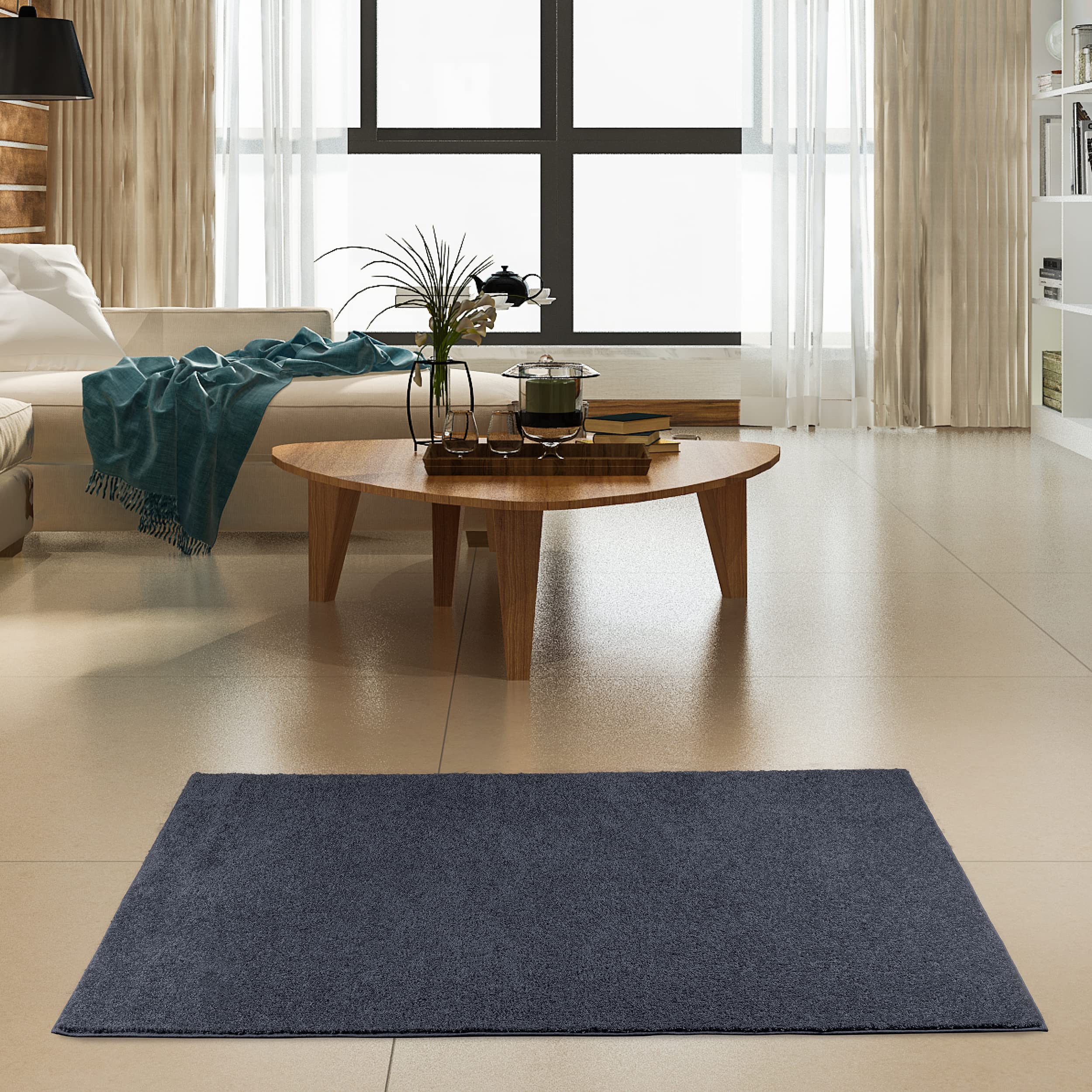 Modern Plush Solid Petrol Blue Indoor/Outdoor Rug - Pet & Kid Friendly, Non-Slip, USA Made, 1.5' x 2.25' Oval (Set of 3) - Perfect for Living Rooms, Play Areas & High-Traffic Spaces