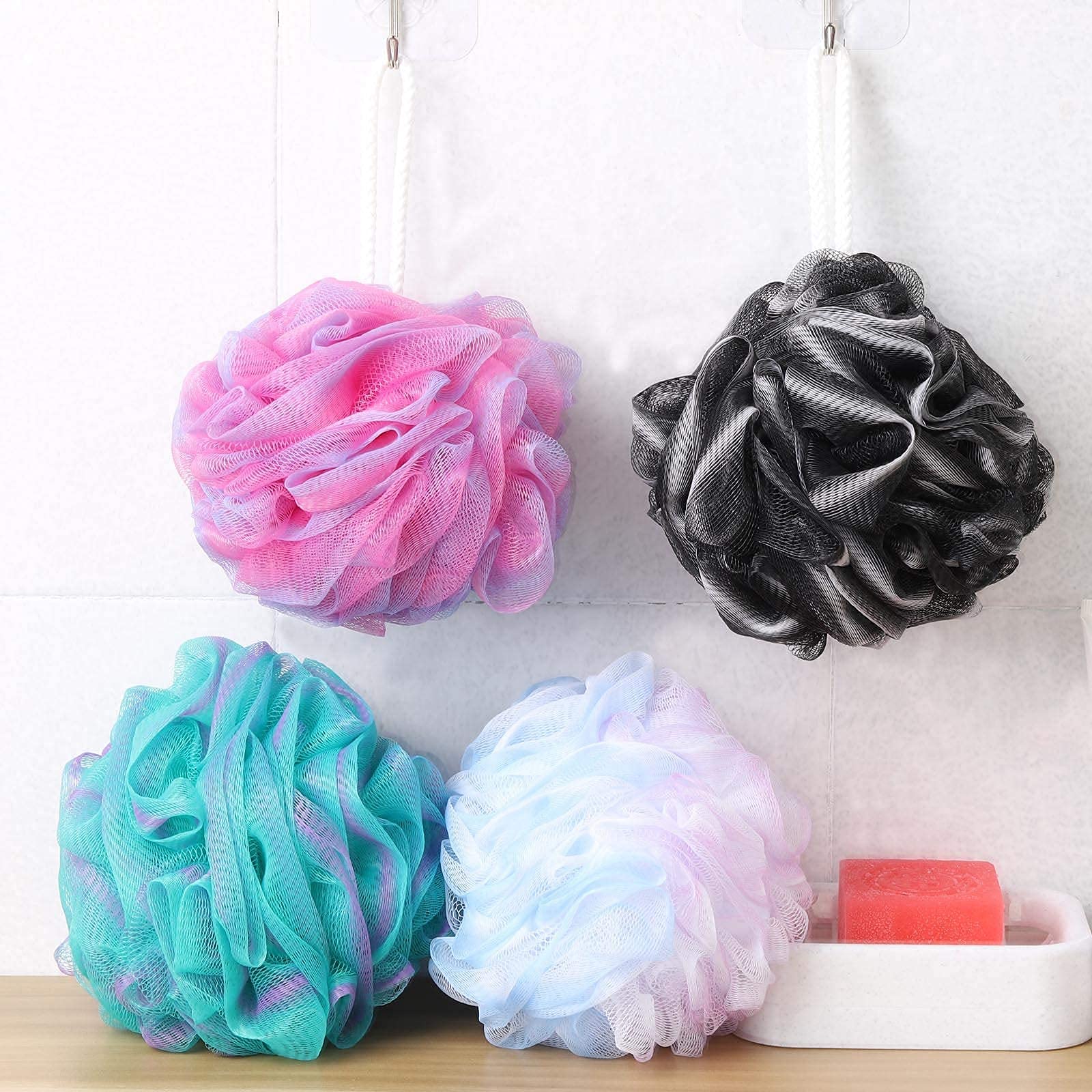 BTYMS 4-Pack Exfoliating Bath Sponges - 60g Premium Mesh Loofah Poufs for Shower & Body Scrub - Gentle Exfoliation for Smooth Skin - Perfect for Daily Shower, Spa Day & Gift Sets