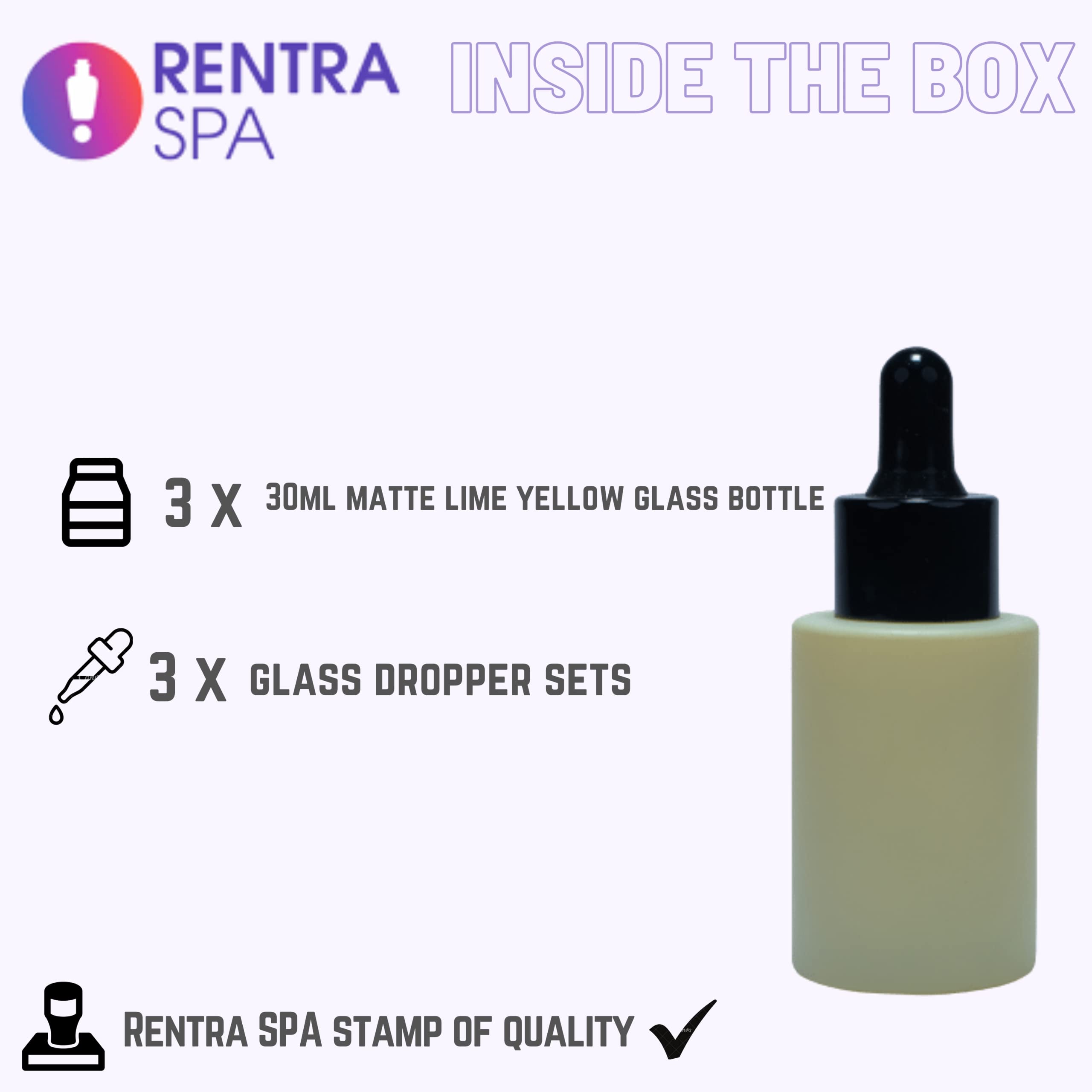 **Rentra S.P.A 30ml Matte Lemon Yellow Glass Bottle with Dropper & Black Cap - 3 Pack - Essential Oil, Serum, Cosmetic Storage - Perfect for DIY Beauty, Aromatherapy, and Travel**