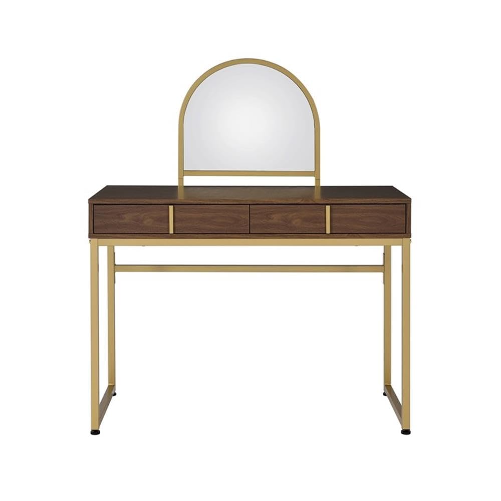 Acme Coleen Vanity Desk - Walnut & Gold Finish Modern Dressing Table with Mirror | Perfect for Bedroom Makeup & Skincare Routine