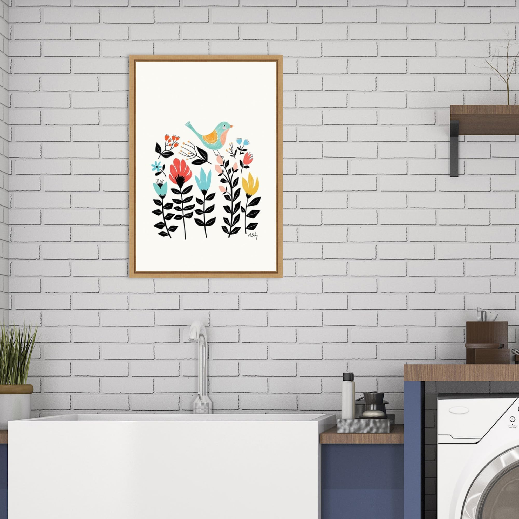 Amanti Art Framed Canvas Wall Art - 23x16 Folk Art Garden (Bird) by Annie Bailey - Modern Animal Artwork for Home Decor - Perfect for Living Room, Bedroom & Bathroom - Handmade Framed Poster Painting for Wall Decoration