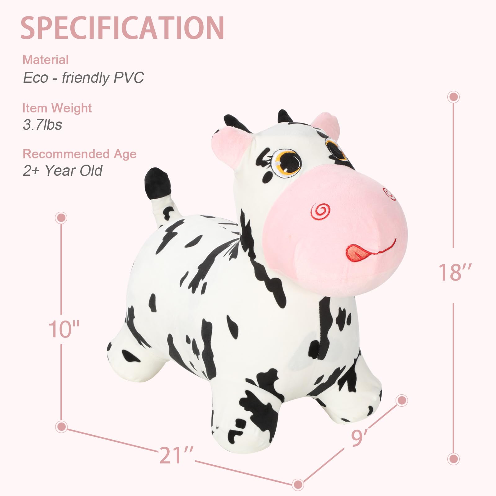 INPANY Bouncy Cow Hopping Toy - Farm Animal Ride-On Plush Inflatable Jumping Horse for Toddlers 2-4 Years Old | Indoor & Outdoor Bouncer for Kids Birthday Gifts | Perfect for Playtime, Parties & Active Play Development
