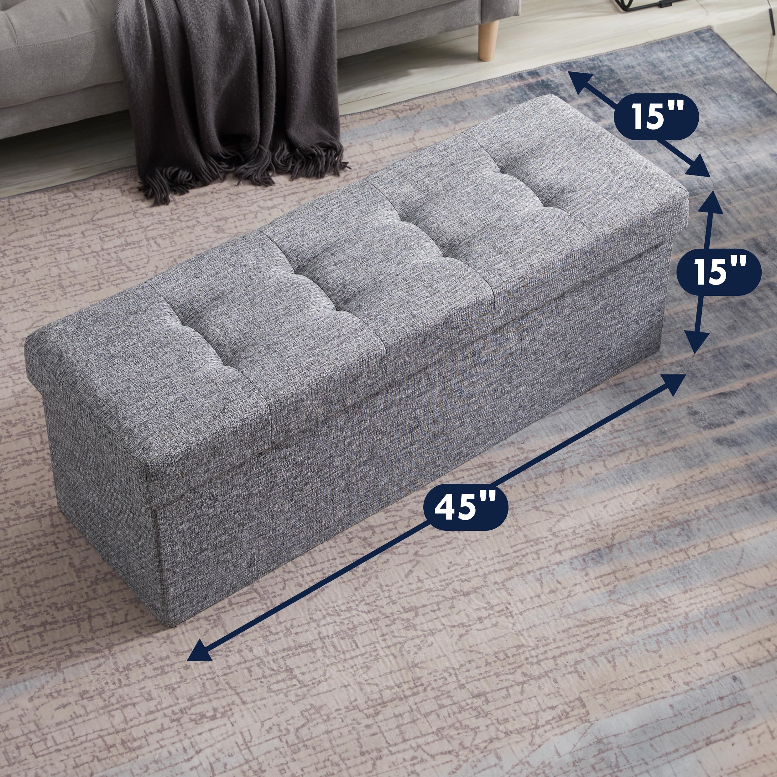 Ornavo Home 45 Inch Folding Storage Ottoman Bench with Removable Top - Large Foot Rest Stool, Storage Chest for Living Room, Bedroom & Entryway (Gray)