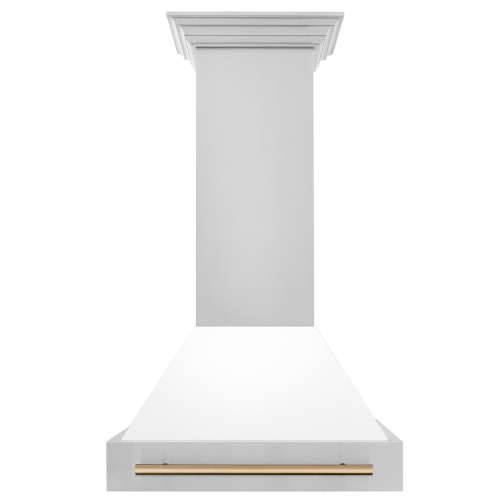 ZLINE Autograph Edition 30-inch Stainless Steel Dual Fuel Range with White Matte Door, Range Hood & Dishwasher - Champagne Bronze Accents (3AKP RAWMRHDWM30 CB) | Premium Kitchen Package for Modern Homes & Gourmet Cooking