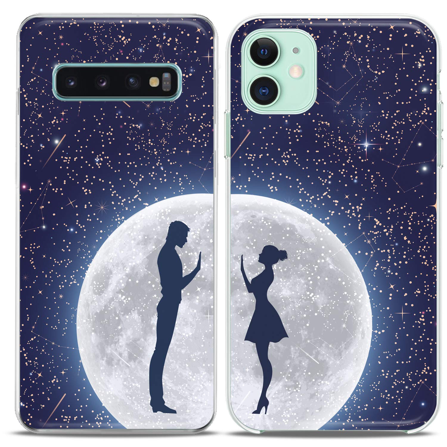 Matching Couple Phone Cases for iPhone 16/15/14/13/12/11 Pro Max/Mini/XS/X/8 Plus/7+/XR/SE - Romantic Moon & Stars Silicone Cover | Cute Relationship Gift for Girlfriend | Perfect for Date Nights & Anniversary Presents