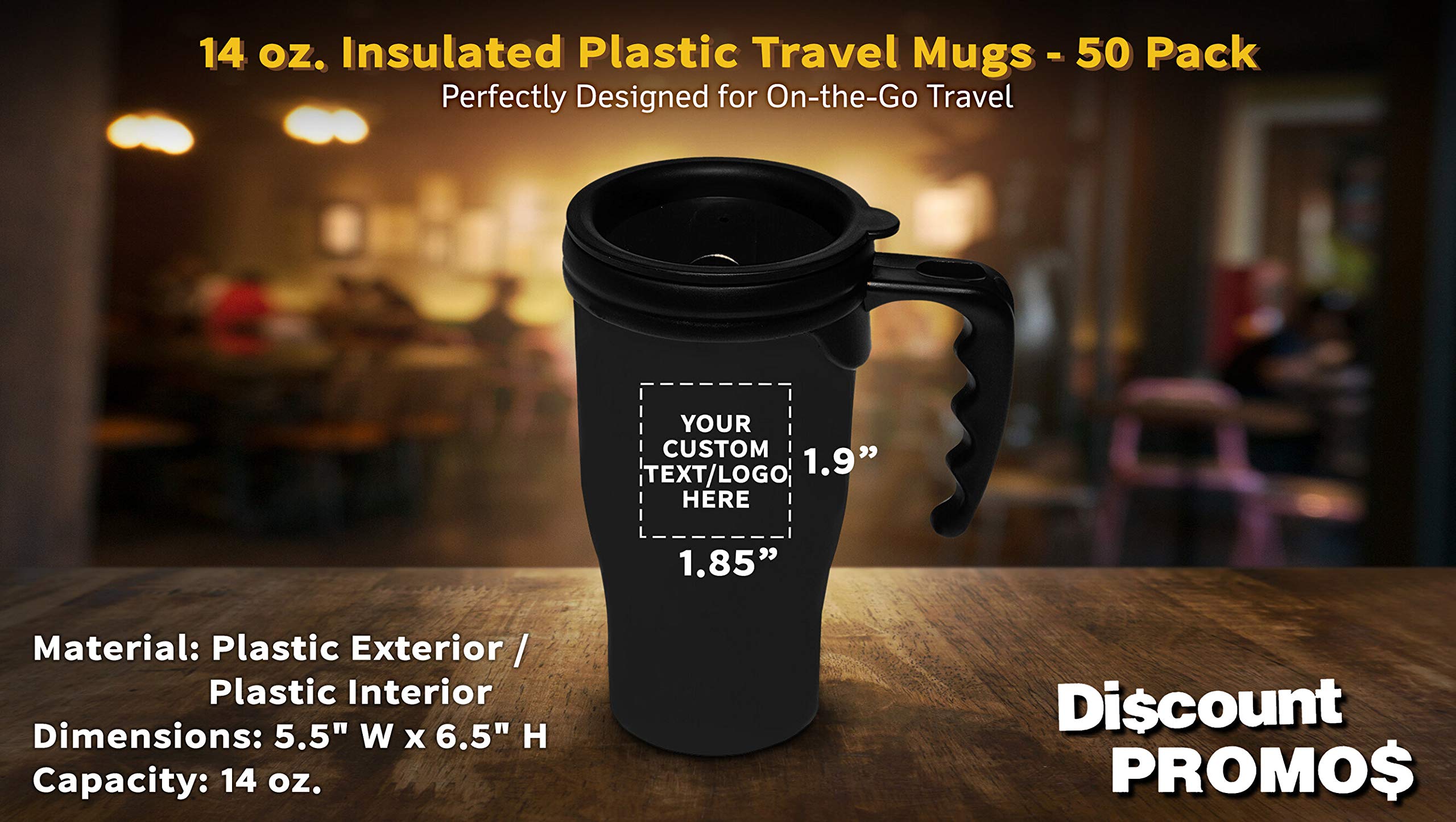 Custom 14 oz. Insulated Plastic Travel Mugs - 50 Pack with Personalized Text & Logo - Black - Perfect for Corporate Gifts, Promotional Events & Office Use