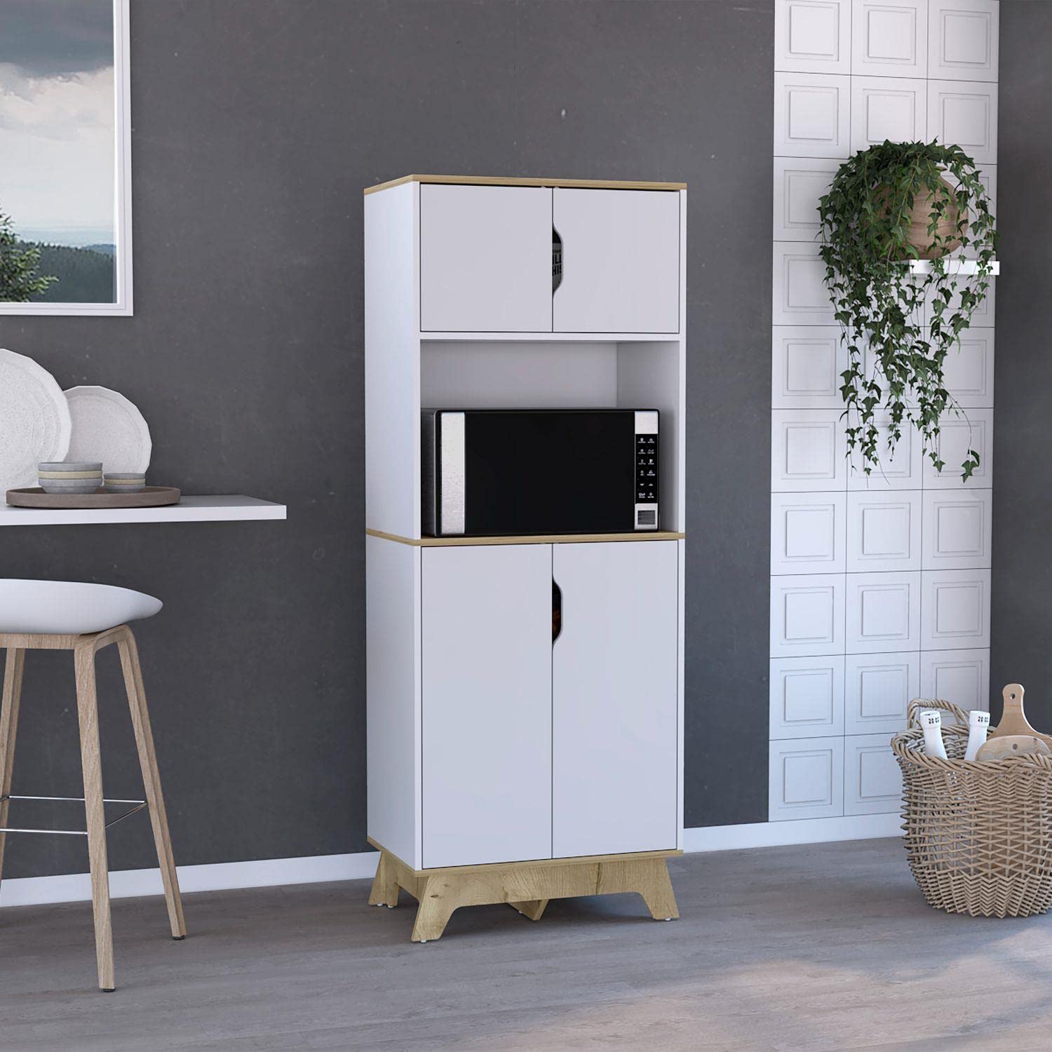 Dahoon Double Door Microwave Pantry Cabinet in Light Oak & White - Perfect for Kitchen Storage & Organization