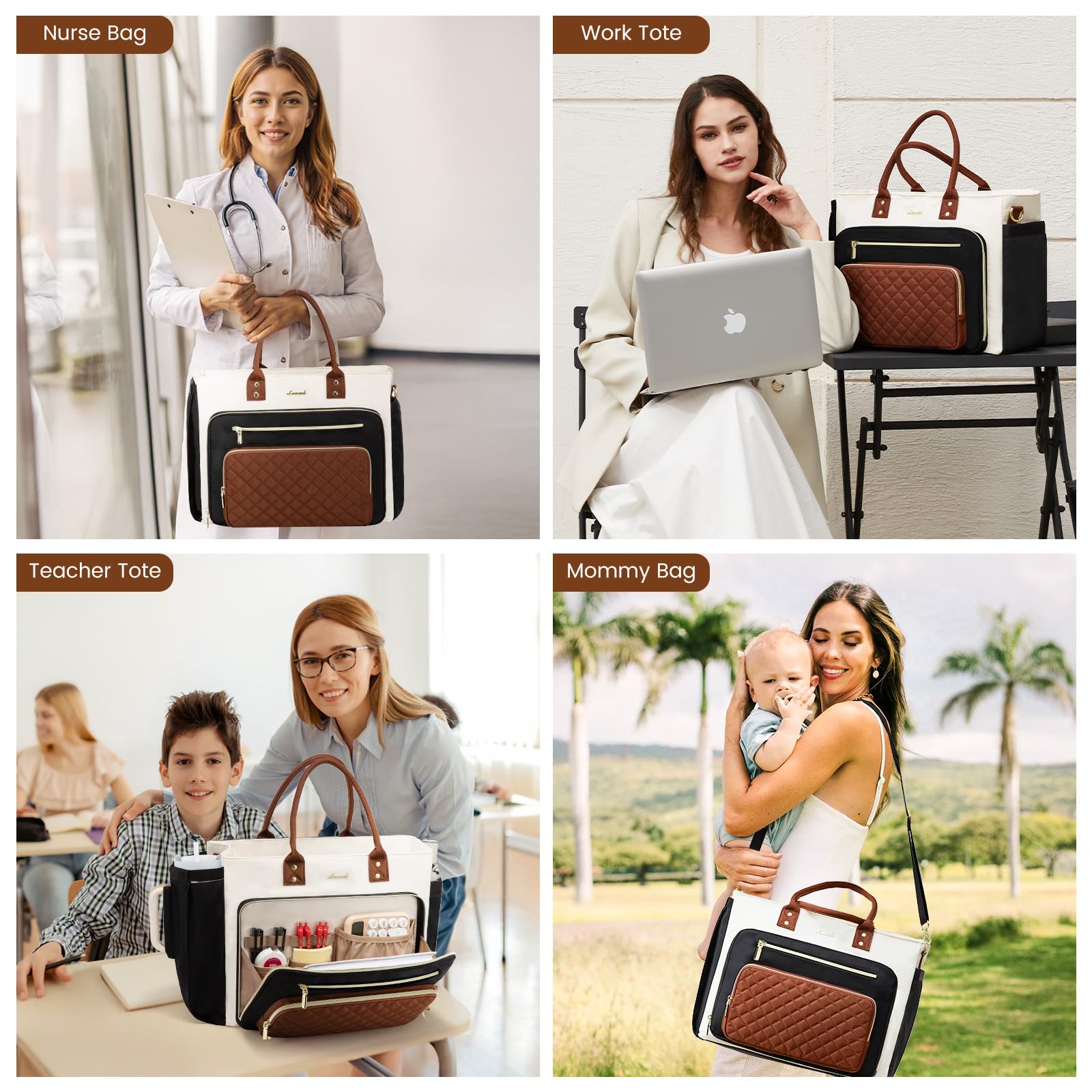 LOVEVOOK 17 Inch Laptop Tote Bag for Women - Professional Teacher Nurse Work Bag with Large Cup Holder, Stylish Business Briefcase & Computer Purse in Black, Beige, Brown - Ideal for Office, School & Travel
