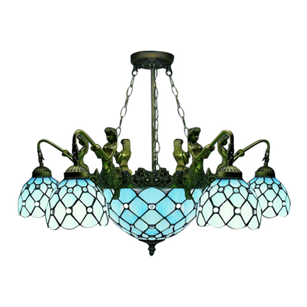 Tiffany Style Chandelier Light - Mermaid Arm Blue Stained Glass Pendant Lamp with 6+1 Lights & Center Bowl, 31