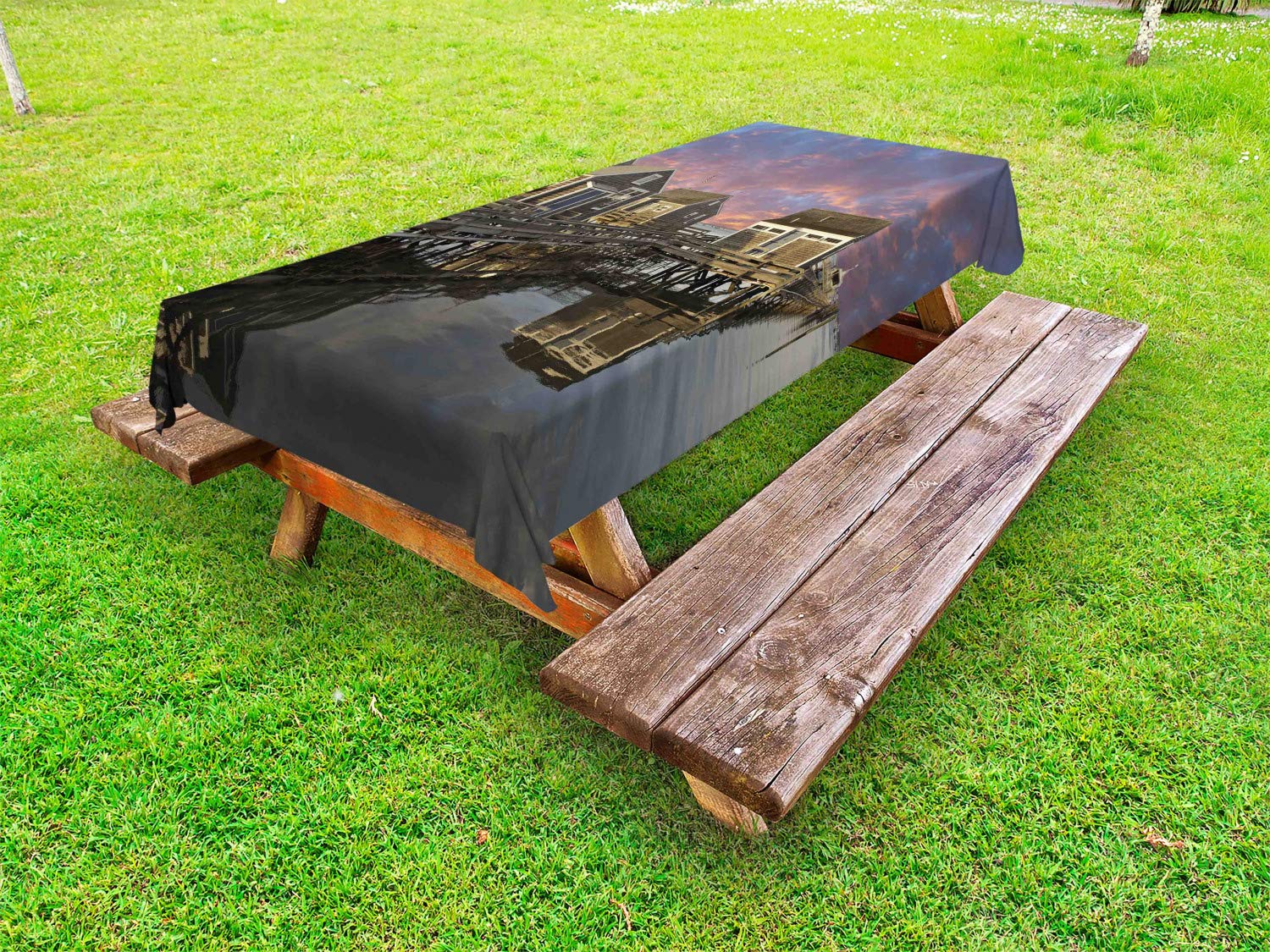 Ambesonne Waterproof Outdoor Tablecloth - Sunset Over Nantucket Massachusetts Design, Washable Picnic Table Cover 58x84 Inches, Coral Blue Sepia - Perfect for Backyard BBQs, Beach Parties & Outdoor Dining