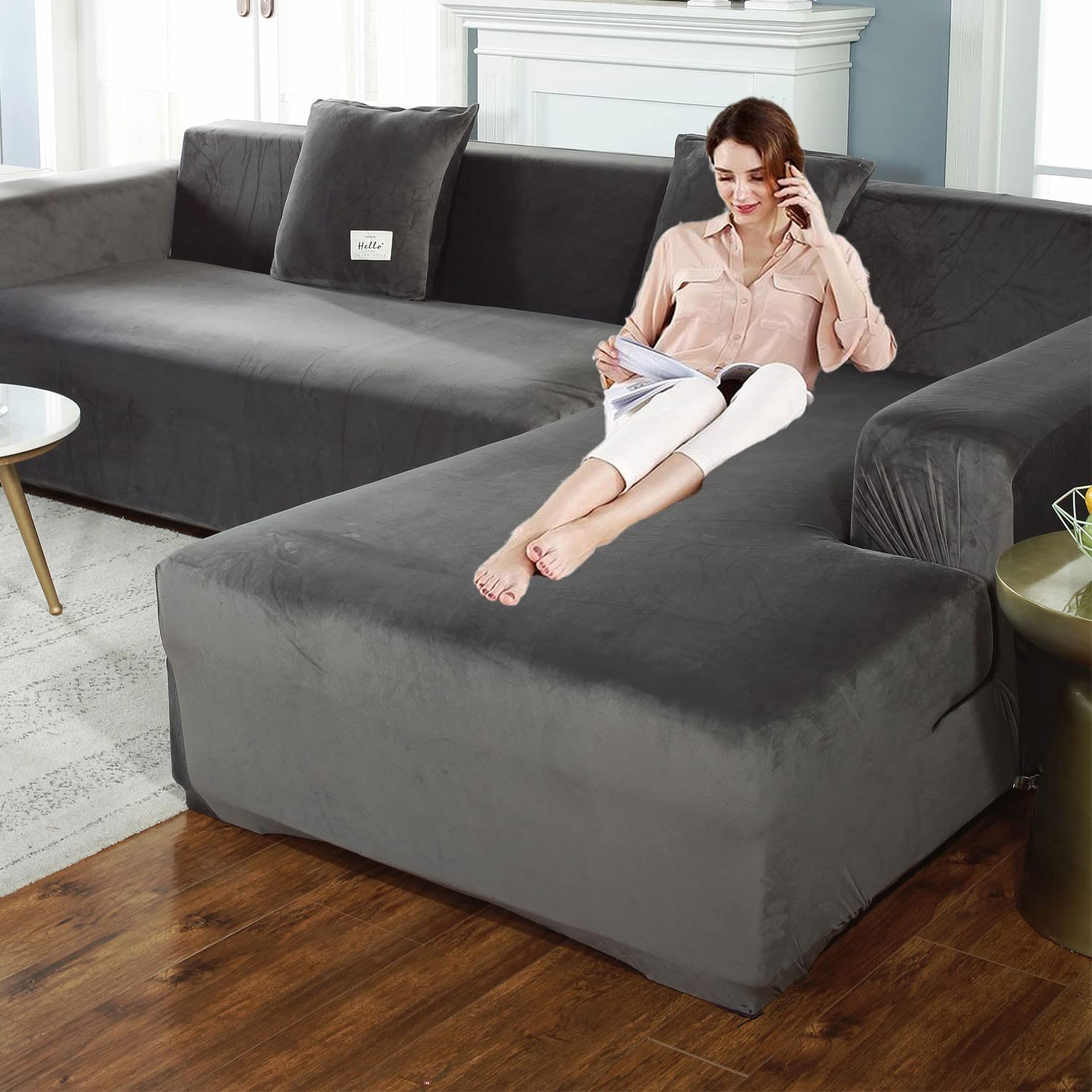Stretchable L-Shaped Sectional Sofa Covers for Pets - Gray 3-Cushion Couch Protector with 2 Pillowcases (2Pc) - Perfect for Living Room Furniture Protection & Dog-Friendly Home Decor