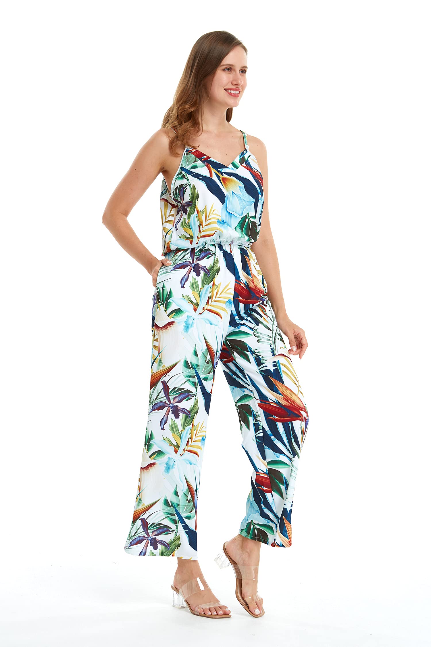 Women's Hawaiian Strap V-Neck Jumpsuit with Pockets - Simply Blue Leaves Print | Beach Vacation Outfit, Summer Party Dress, Casual Boho Romper