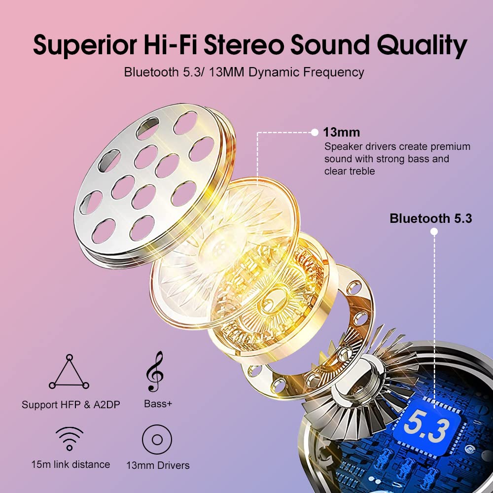 OYIB Wireless Earbuds Bluetooth 5.3 with ENC Noise Cancelling Mic - Mini In-Ear Headphones HiFi Stereo Sound, Touch Control, Type-C Fast Charging, Rose Gold - Perfect for Gym, Running, Travel & Work Calls
