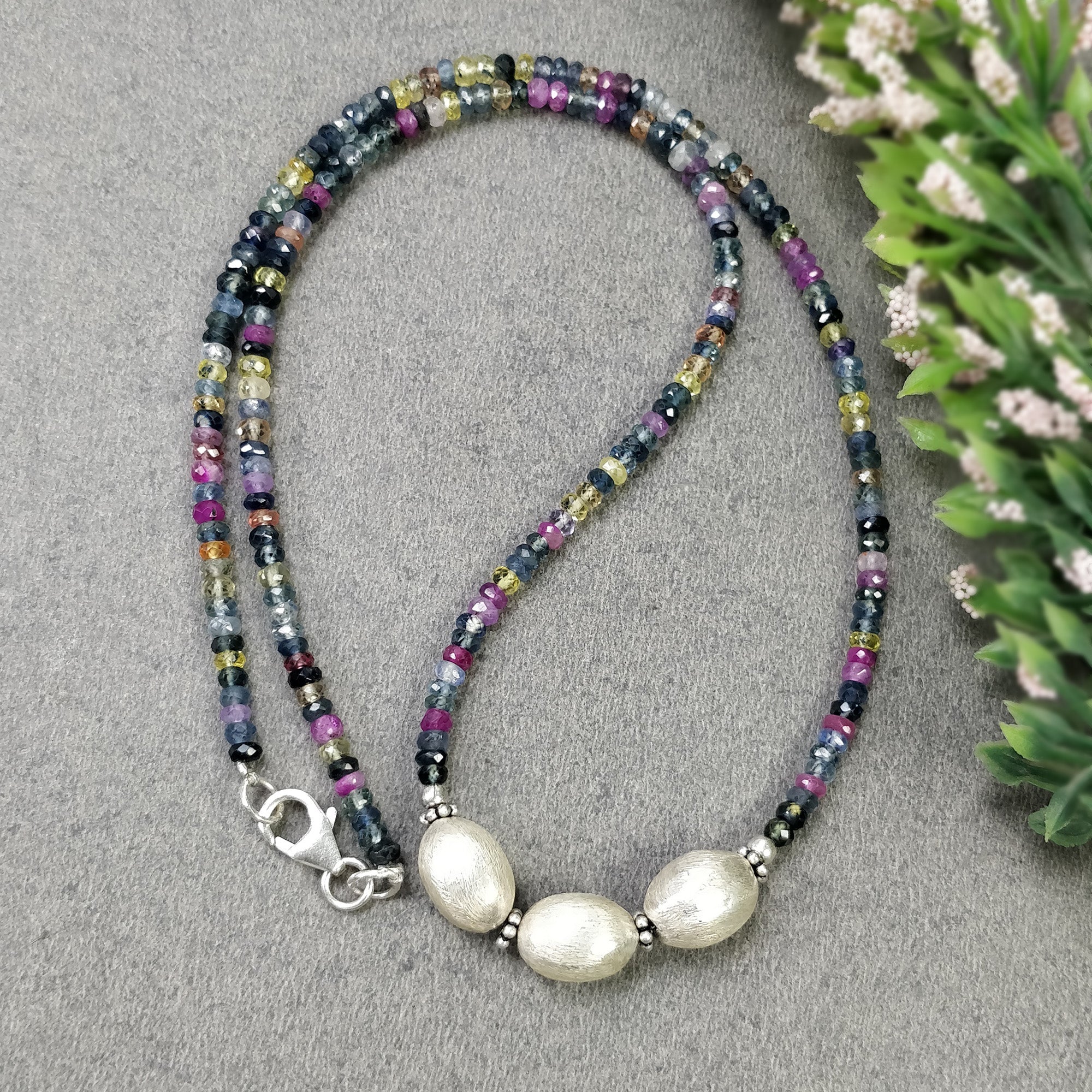 Natural Multi Sapphire Beaded Necklace for Women - 925 Sterling Silver Pendant Chain with Gemstone Beads - Elegant Jewelry Gift (18.5