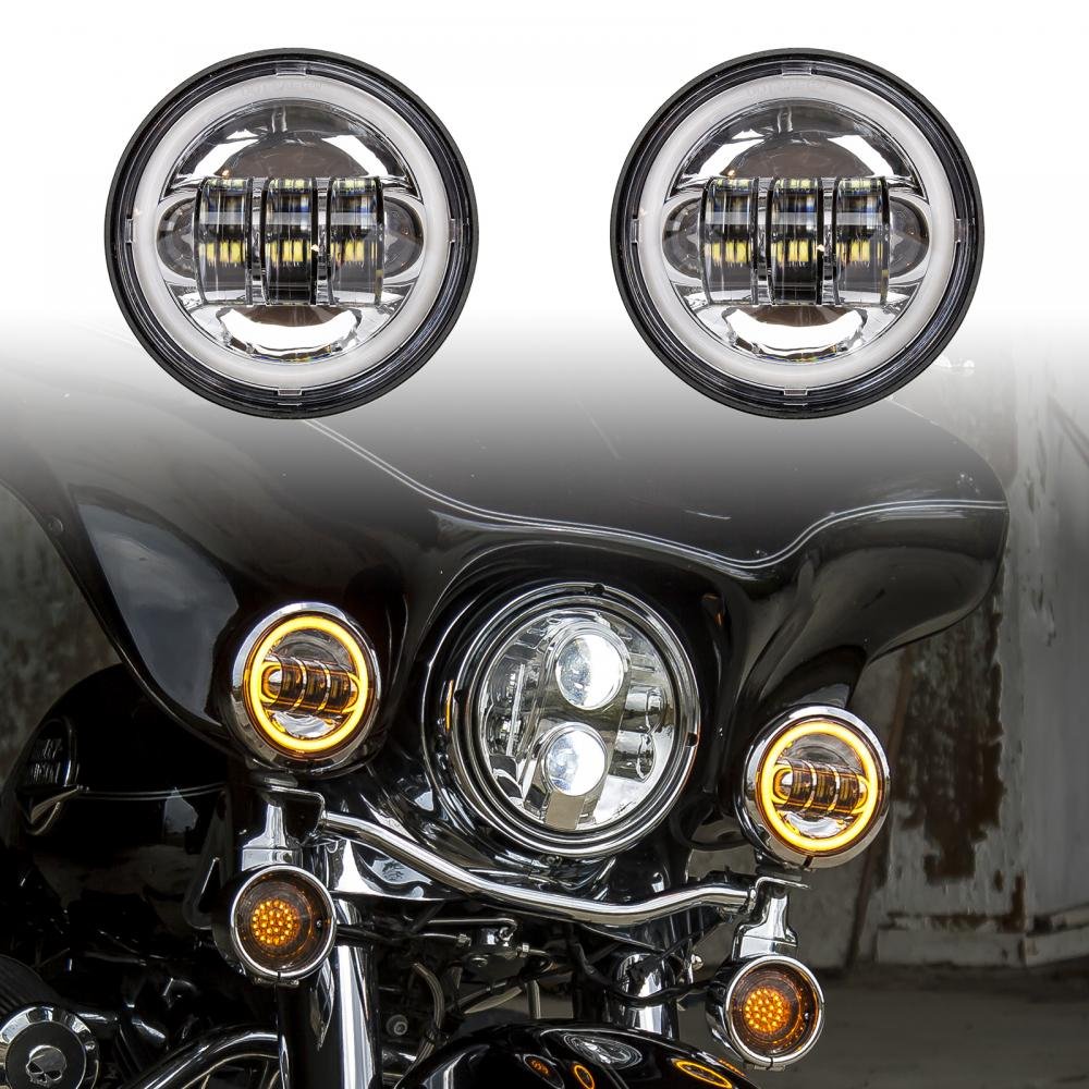 Harley Davidson LED Fog Lights with Amber Halo Turn Signal - Chrome Motorcycle Driving Lights for Touring Bikes (Ultra Classic, Road King, Street Glide, Road Glide, Trike) - Enhance Visibility & Safety for Night Riding & Bad Weather Conditions