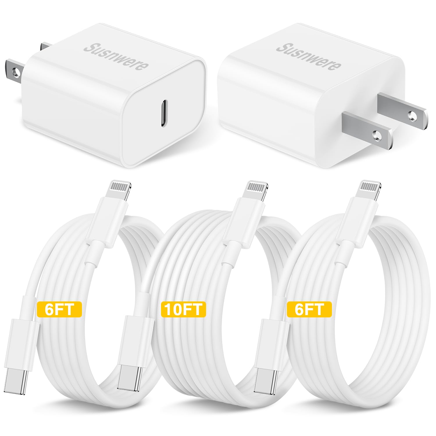 2-Pack 20W Fast PD USB C Wall Charger Adapter with 3-Pack (10Ft + 6Ft x2) MFi Certified USB C to Lightning Cable - Compatible with iPhone 14/14 Plus/14 Pro/14 Pro Max/13/12 Series - Fast Charging for Home, Office & Travel