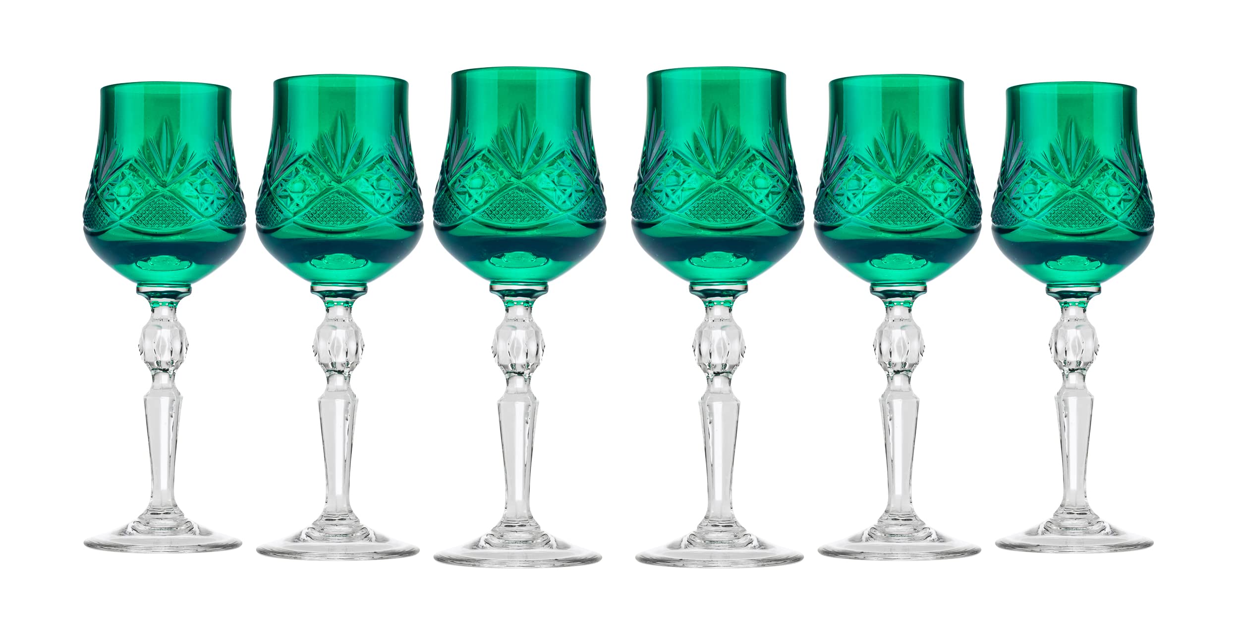 Handmade Crystal Cordial Shot Glasses 2.25 Oz - Set of 6 Green Stemmed Vodka & Liqueur Glasses for Cocktails, Parties & Home Bar Decor (WG7841BC-X)