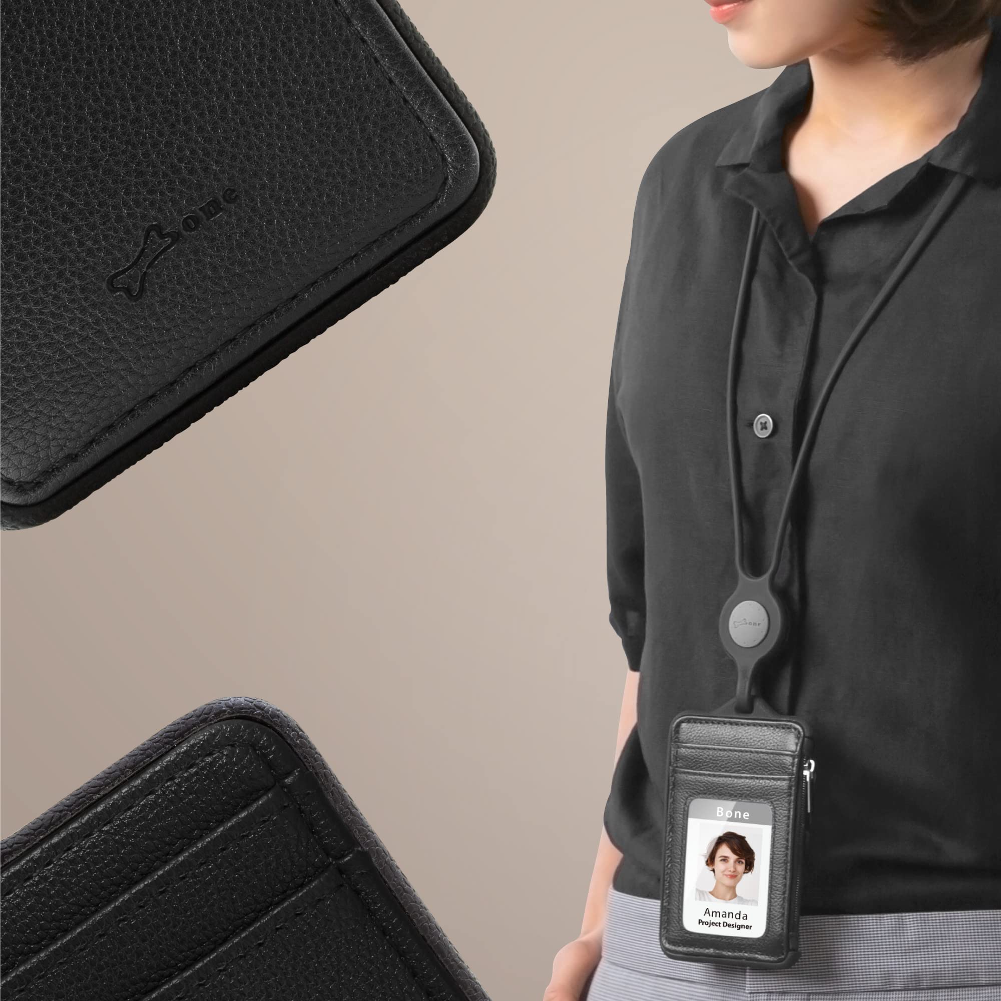 Genuine Leather ID Badge Holder with Zipper & Card Slots - for Office, School & Keys