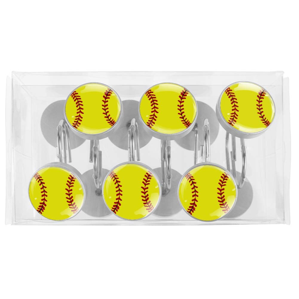 12-Pack Softball Print Crystal Glass Shower Curtain Hooks - Decorative Bathroom Accessories for Sports Theme & Modern Home Decor