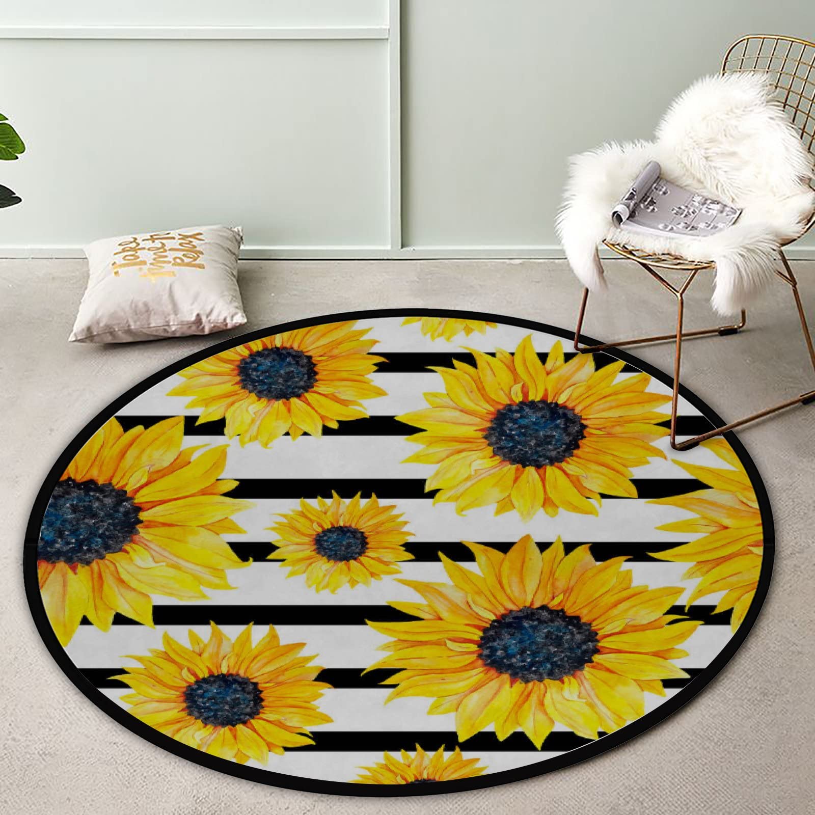 Vantaso 5ft Round Yellow Sunflower Area Rug - Soft Striped Black Floor Mat for Kids, Boys & Girls - Large Non-Slip Foam Rug for Living Room, Playroom, Nursery - Perfect for Playtime, Yoga & Comfortable Relaxation