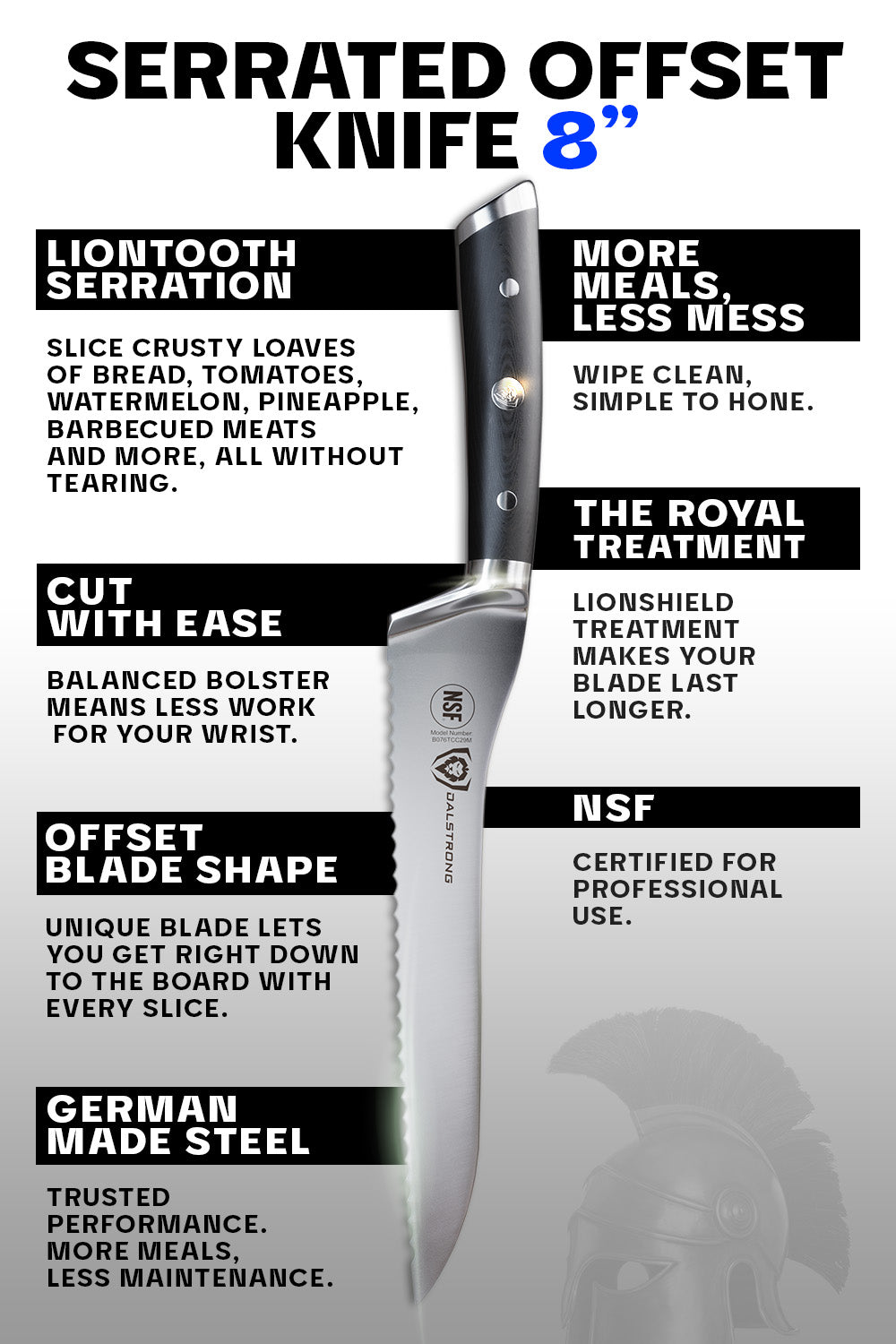 Dalstrong Gladiator Series 8-Inch Serrated Offset Bread & Deli Knife - NSF Certified Professional Kitchen Knife for Slicing Bread, Sandwiches & Deli Meats