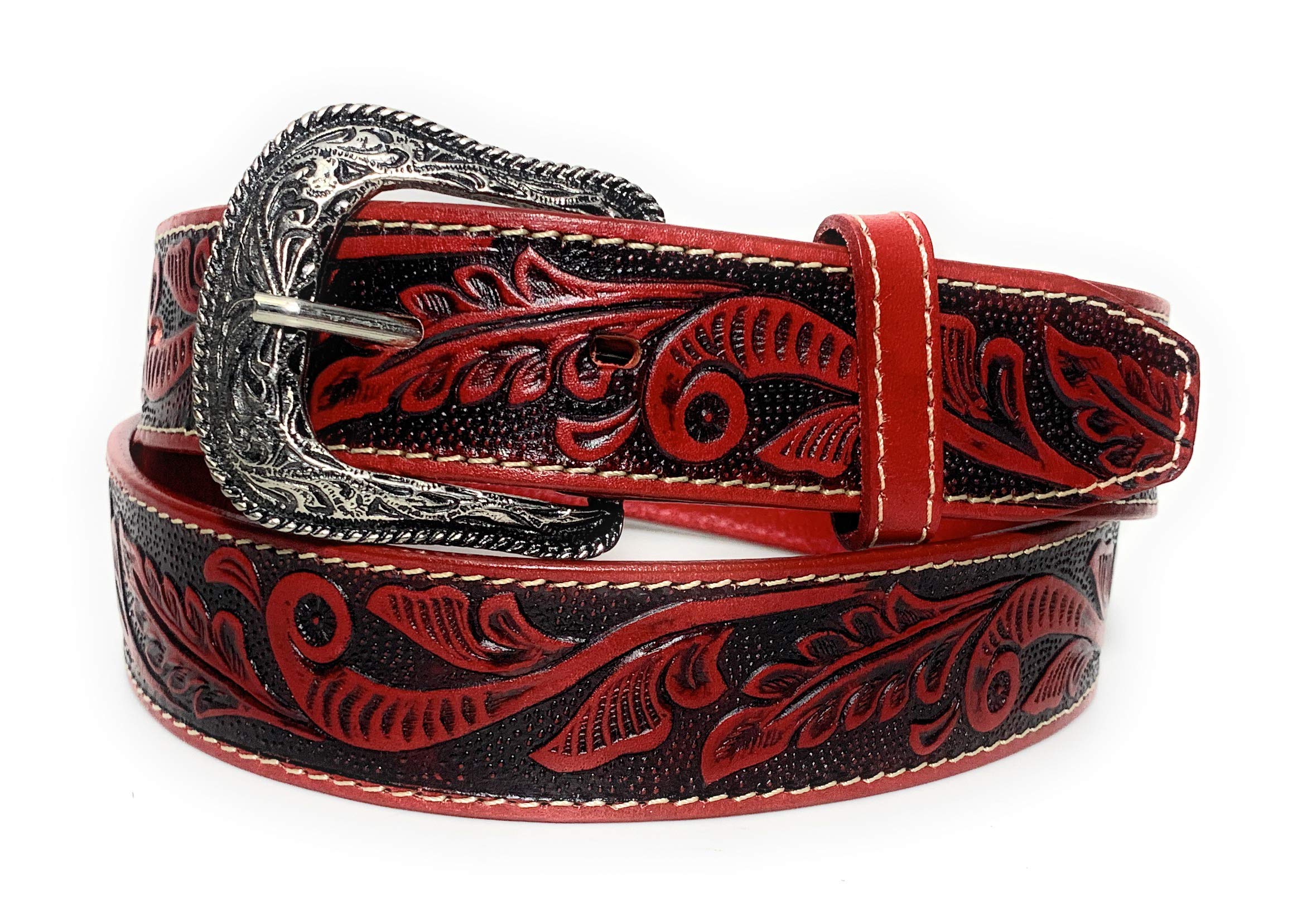 EL CHARRO Women's Red Western Leather Belt - Tulip Embossed Cowhide Cowboy Belt for Casual Wear | Perfect for Country Rodeo, Western Fashion & Everyday Outfits