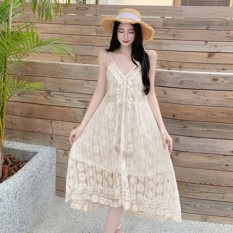 Bohemian Retro Lace Tassel V-Neck Summer Dress for Women - Flowy Boho Chic Maxi Dress for Beach, Vacation & Festival Outfits