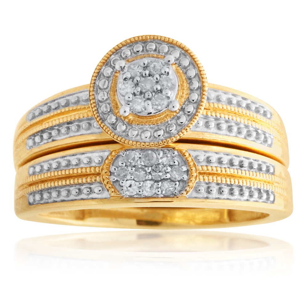 9ct Yellow Gold 2 Ring Diamond Bridal Set with 17 Diamonds - Perfect for Engagement, Wedding & Anniversary Gifts