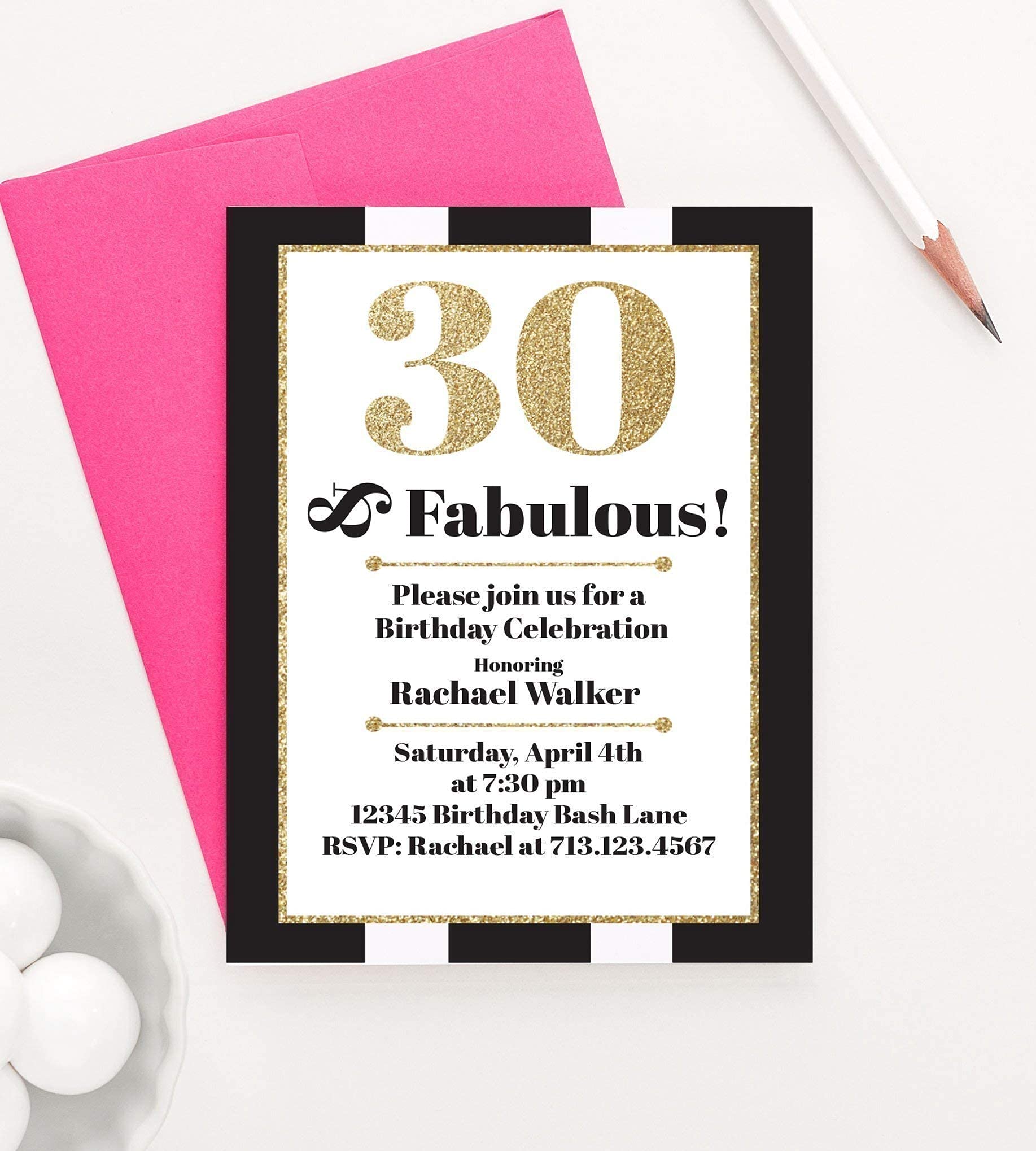 30 and Fabulous Birthday Invitation Cards - Custom Quantity & Envelope Colors - Perfect for 30th Birthday Parties, Milestone Celebrations & Special Events