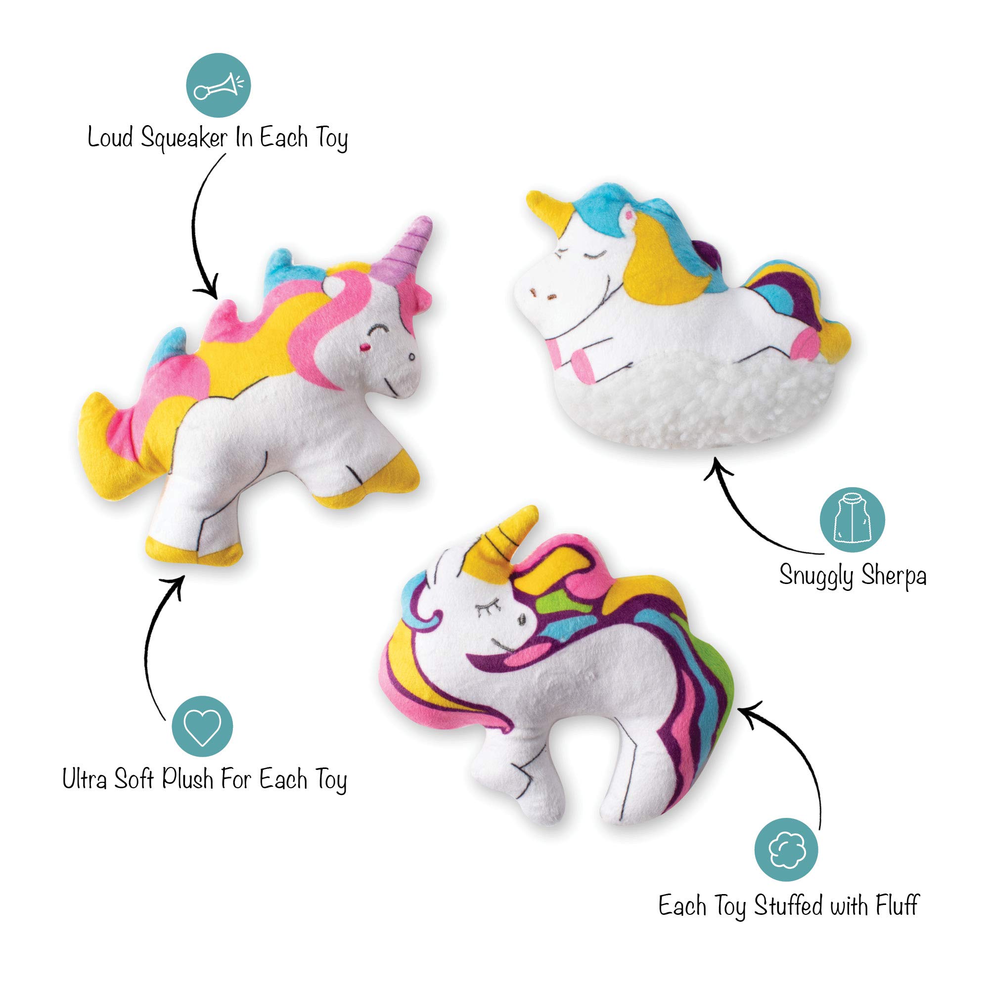 FRINGE STUDIO Small Dog Chew Toy Set - 3 Piece Unicorn Plush Toys for Puppies & Teething Dogs | Fun Interactive Playtime & Cute Gift for Pet Lovers