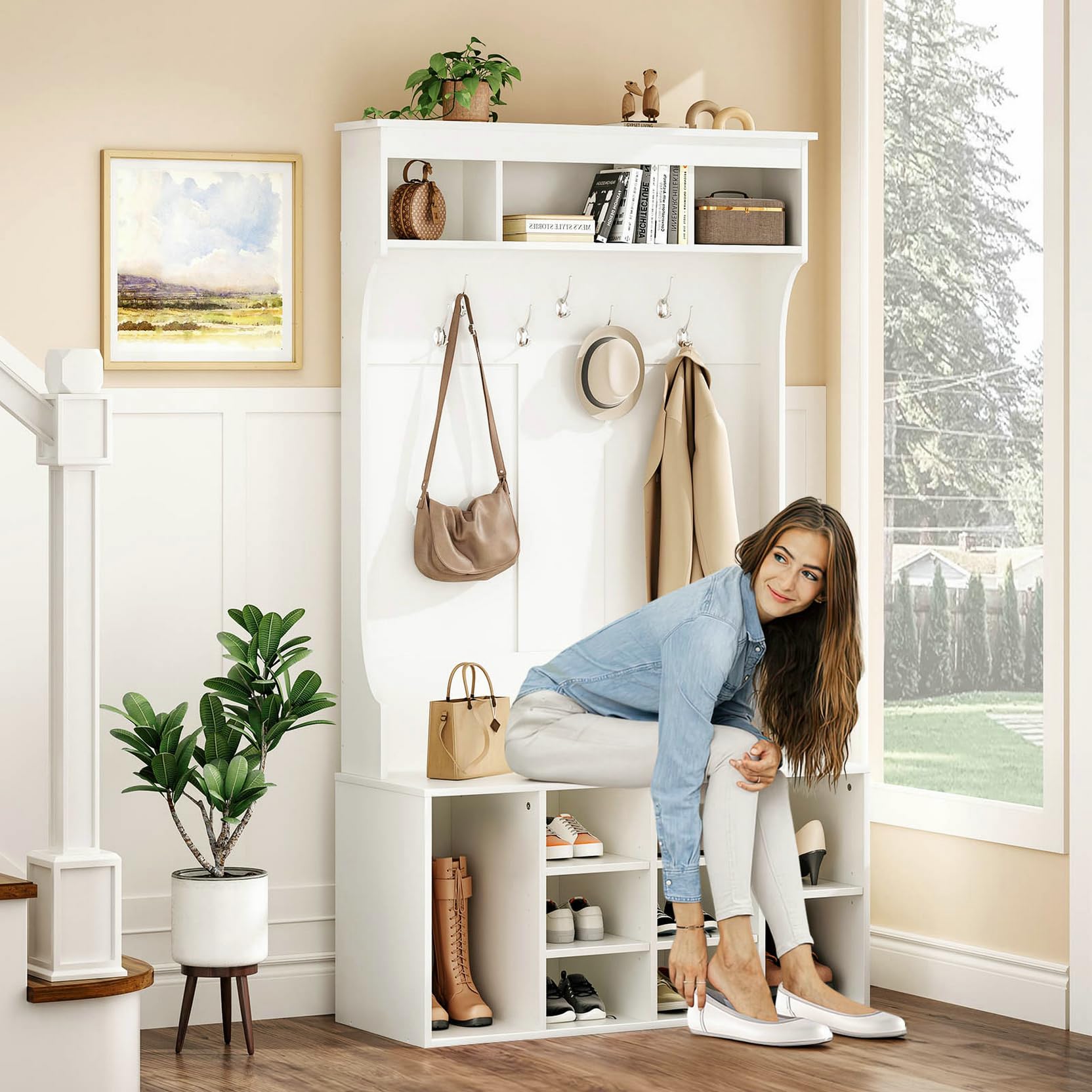 Soohow 70.9 Inches Freestanding Entryway Hall Tree with Bench, 7 Coat Hooks & Shoe Storage - Adjustable Mudroom Organizer for Entryway, Foyer or Laundry Room Organization
