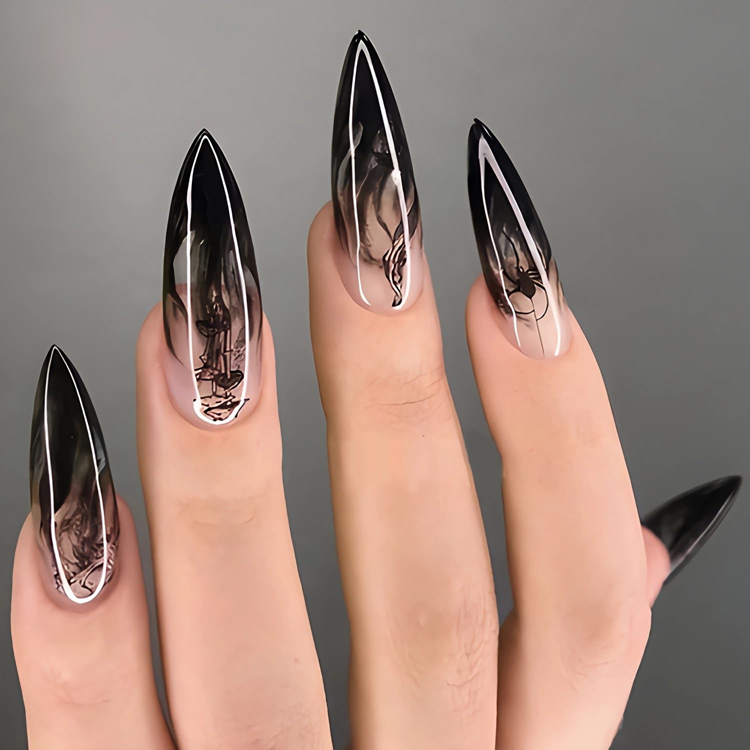 24pcs MERVF Stiletto Press on Fake Nails - Black Ink French Tip Ombre Design | Glossy Acrylic Almond Shape | Goth & Glam Style | Perfect for Parties, Halloween & Special Occasions