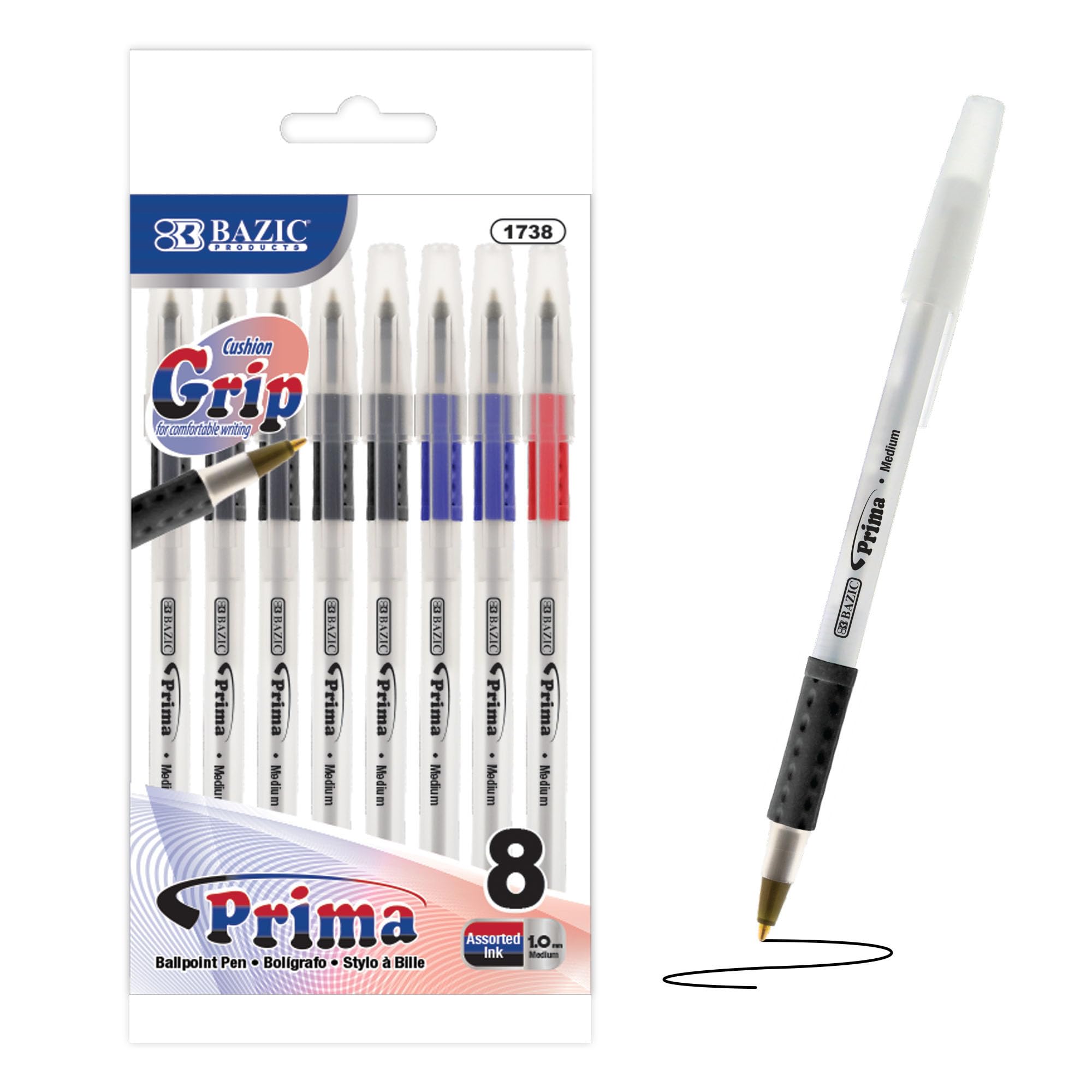 BAZIC Ballpoint Pens, 1.0mm Bold Point, Smooth Writing with Soft Grip - Black, Blue, Red (8/Pack, 24-Pack) for Office, School, Teacher, Note Taking & Everyday Use