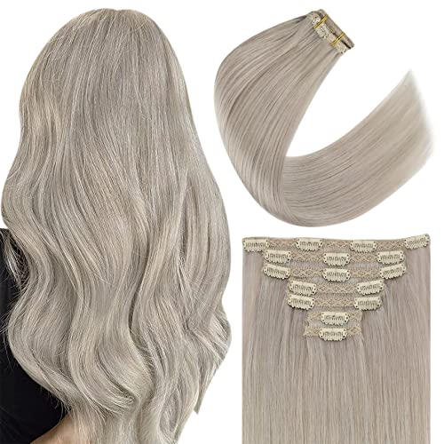 YoungSee Clip-in Human Hair Extensions - 12 Inch 7pcs Double Weft Grey Remy Hair for Women (70g) - Natural Thick Hair Extensions for Volume & Styling | Perfect for Parties, Weddings & Everyday Wear