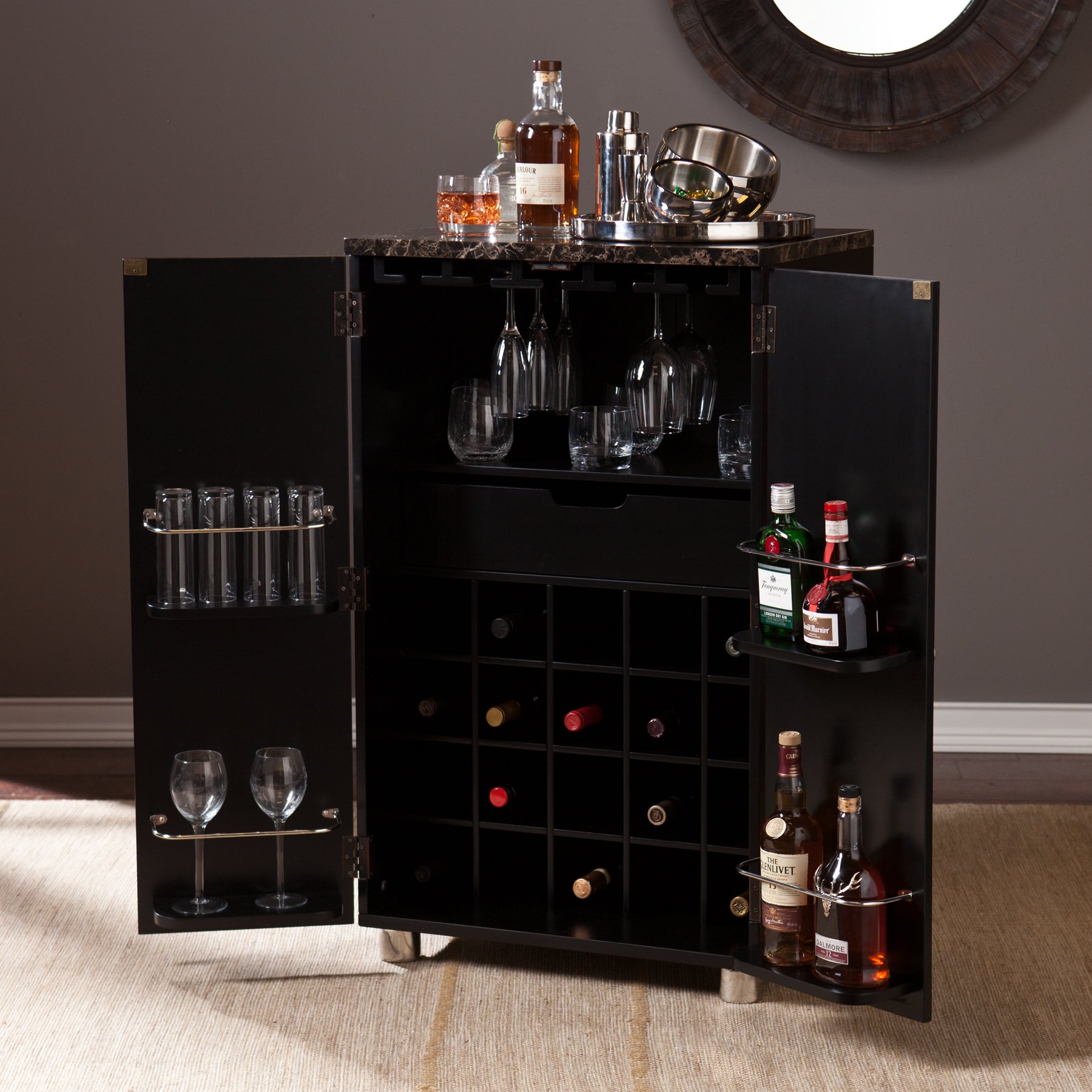 SEI Furniture Cape Town Contemporary Bar Cabinet - Wine & Liquor Storage with Faux Marble Countertop, Black Finish - Perfect for Home Bars, Dining Rooms & Entertaining Spaces