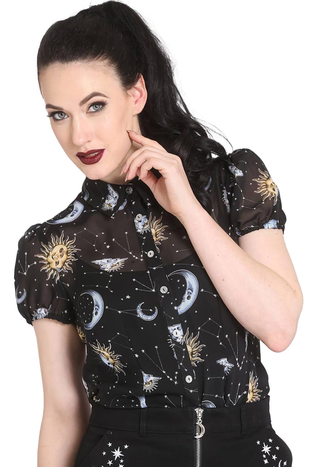 Hell Bunny Solaris Sun Moon Stars Gothic Wicca Chiffon Blouse - Vintage Boho Witchy Top for Women (XS-4XL) | Perfect for Halloween, Pagan Festivals & Dark Academia Outfits