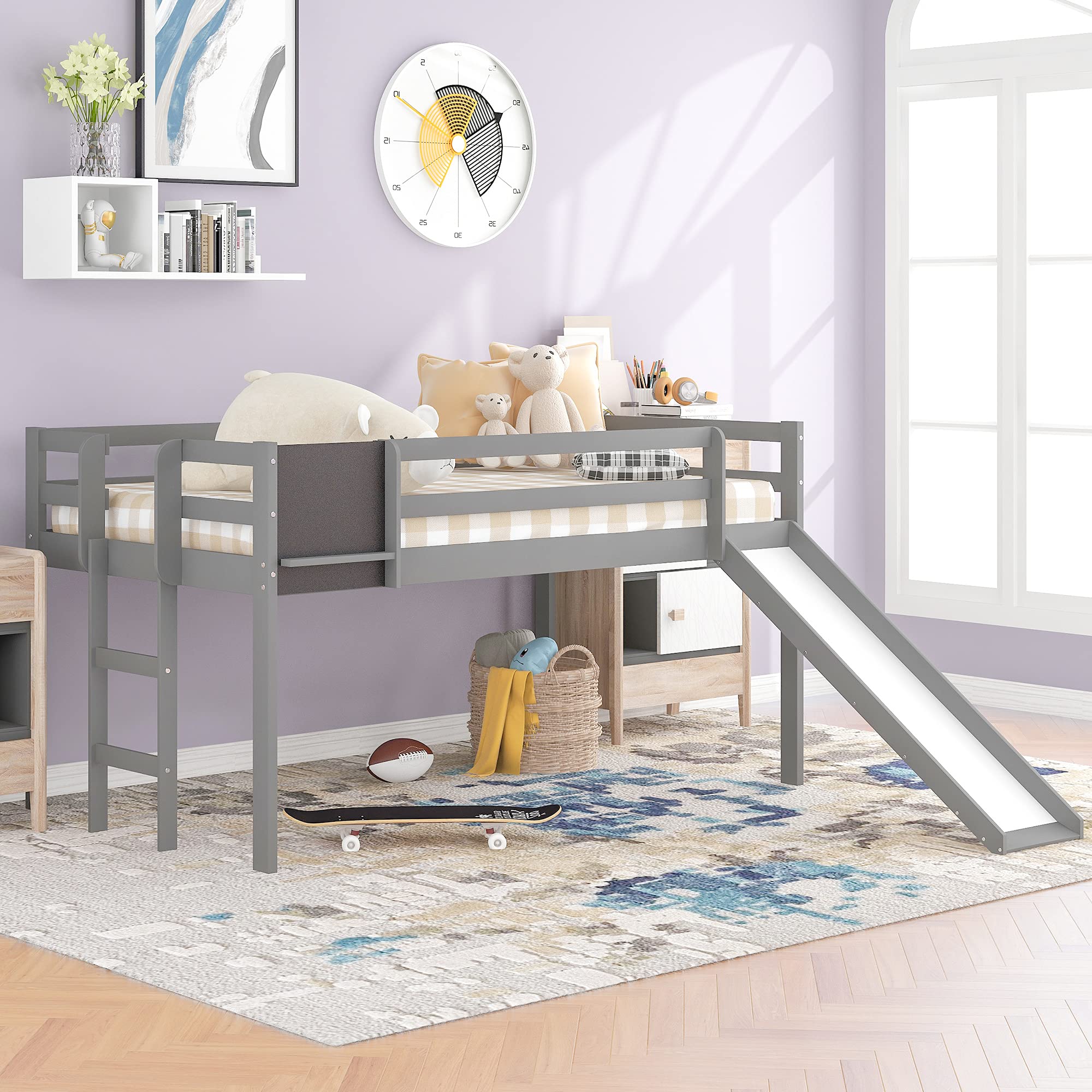 Harper & Bright Designs Solid Wood Twin Size Kids Loft Bed with Slide, Chalkboard & Safety Rail - Low Loft Bed with Stairs for Girls, Boys & Teens - Gray - Perfect for Small Bedrooms, Playrooms & Dorm Rooms
