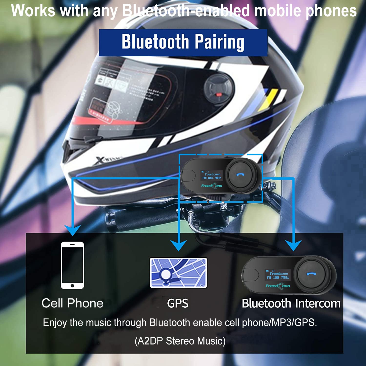Motorcycle Helmet Bluetooth Intercom Kit - Wireless Communication System for 2-3 Riders with LCD Screen, FM Radio, MP3, GPS & 800m Range - Hands-Free Motorbike Helmet Headset for Group Riding & Adventure Trips