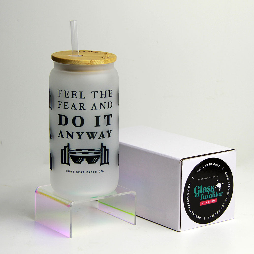Feel the Fear Glass Tumbler with Bamboo Lid & Straw - 20oz Insulated Reusable Water Bottle for Coffee, Tea & Cold Drinks - Perfect for Home, Office & Outdoor Adventures