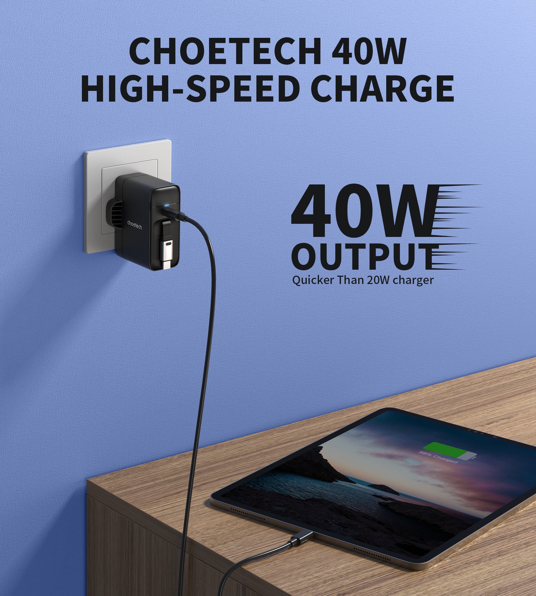Choetech PD6095 40W GaN Wall Charger with Retractable Cable - Dual USB C Fast Charger for iPhone 15/14/13, Samsung Galaxy, iPad - Perfect for Travel, Home & Office Use