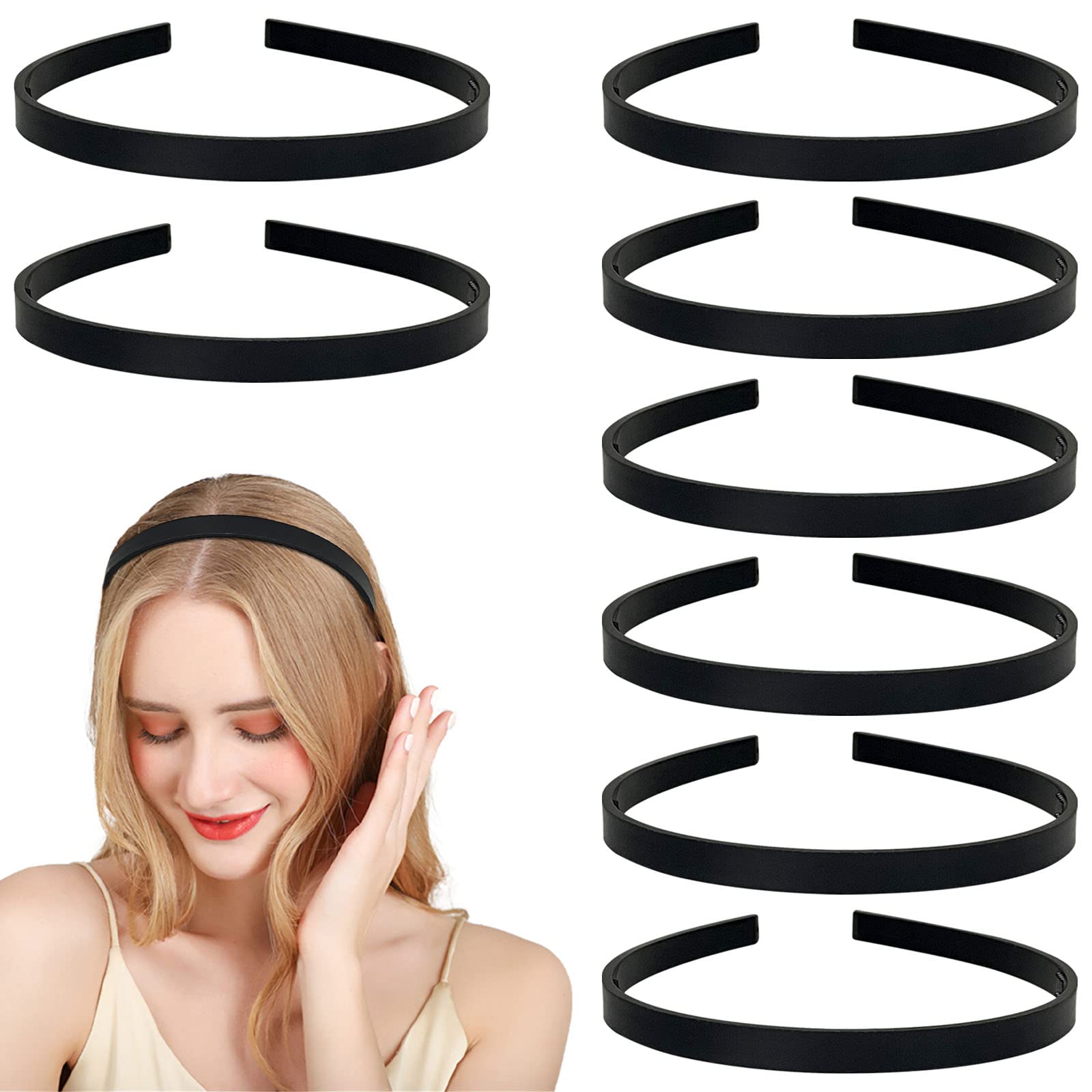 8 Pcs Black Plastic Headbands - Thin Teeth Skinny Hairbands for Women, Non-Slip Elastic Hair Bands for Sports, Workouts & DIY Hairstyles - Perfect for Running, Yoga and Daily Use