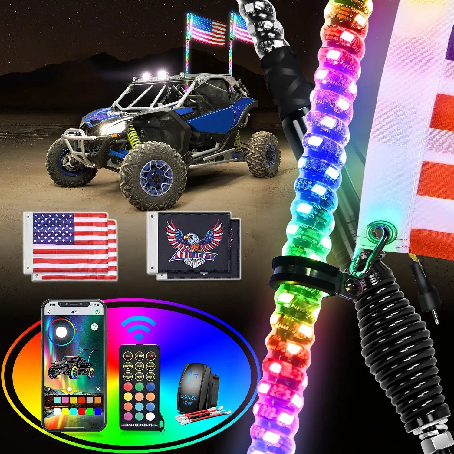 2Pcs 6FT Spiral Antenna with Spring Base LED Whip Light - Bluetooth Remote & App Control | 8.6FT Wire 5Pin Switch - Perfect for Off-Road Vehicles, Trucks, and ATV Night Rides