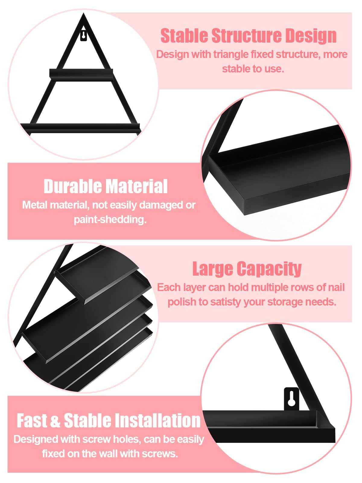 10-Piece Metal Wall-Mounted Nail Polish Organizer - 5-Tier Black Triangular Cosmetic Display Shelf for Lipstick, Perfume & Essential Oils - Space-Saving Storage Solution for Home Spa, Salon & Retail Shops - Perfect for Bathroom, Vanity & Makeup Organization
