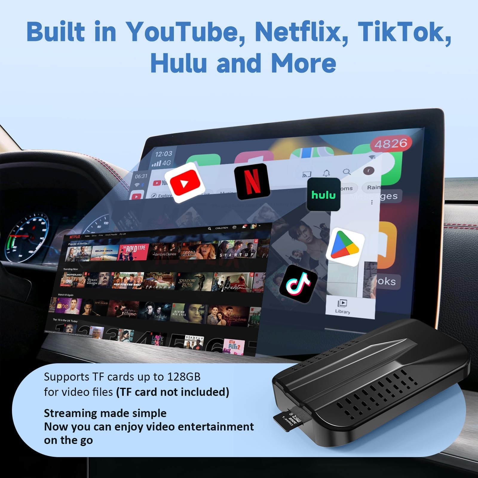 Wireless CarPlay Adapter for iPhone & Android - Netflix, YouTube, Google Play Support | 5GHz WiFi Android Auto Dongle | Plug & Play for Factory Wired Cars | TF Card Slot & Screen Mirroring | Perfect for Road Trips & In-Car Entertainment