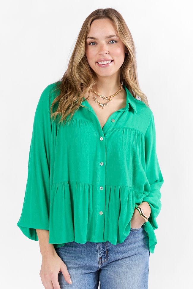 Stylish Green Tiered Relaxed Button Down Blouse for Women - Flowy Casual Shirt with Comfort Fit - Perfect for Office, Date Night & Weekend Outings
