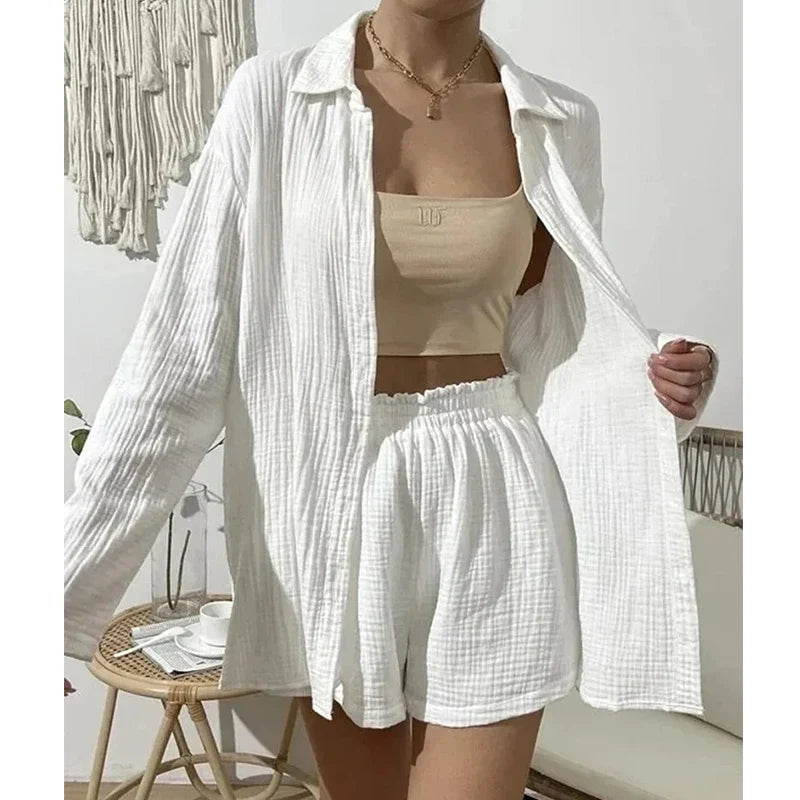 100% Cotton Women's 2-Piece Gauze Muslin Set - Long Sleeve Shirt & High Waist Loose Shorts | Summer Casual Outfit, Beach Cover-Up, Lounge Wear