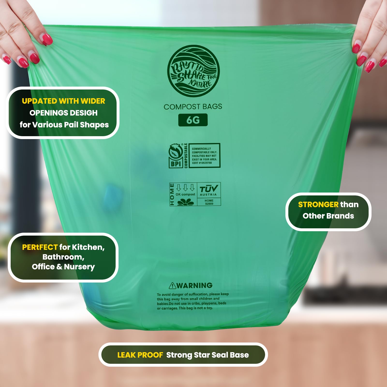 Eco-Friendly Compostable Trash Bags - 6 Gallon (30 Liter) Heavy Duty 0.85 Mils for Food Scraps & Yard Waste | Fits 5-6-8 Gallon Kitchen Trash Cans | 100 Count Pack | ASTM D6400 Certified, BPI & OK Compost HOME Certified | Perfect for Sustainable Kitchen Waste Disposal & Organic Gardening