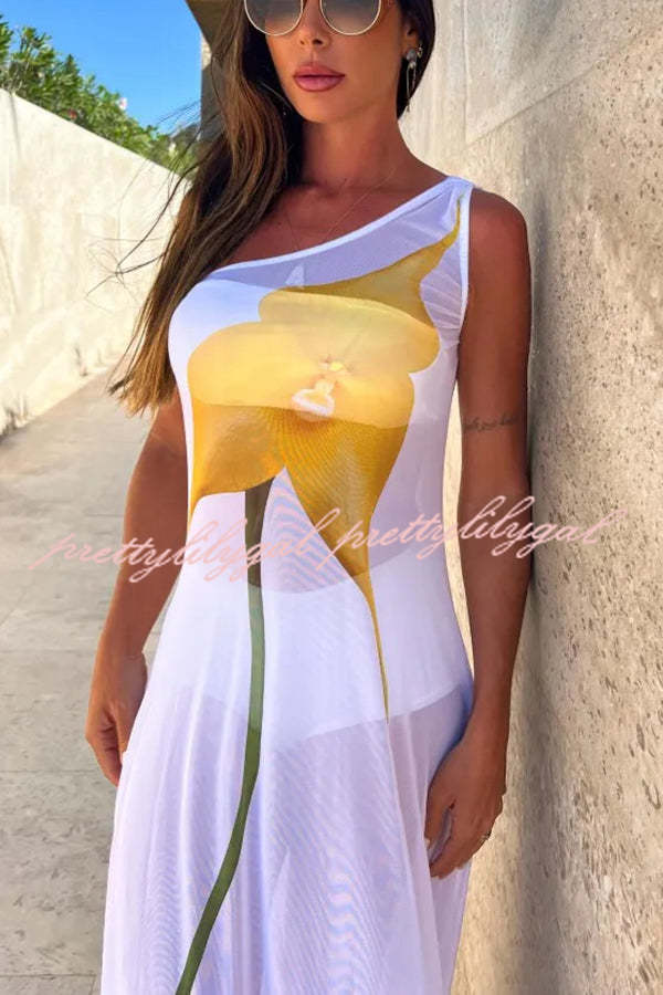Dalia Floral Print One Shoulder Tulle Maxi Dress - See Through Beach Wedding Dress for Vacation, Party & Summer Outfits